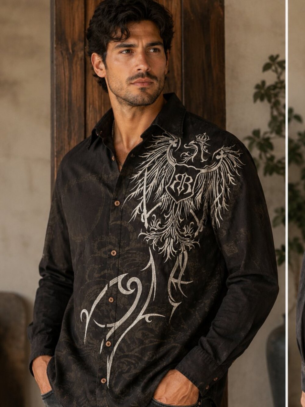 Roar Men’s Gothic Eagle Embroidered Long Sleeve Button Down Shirt